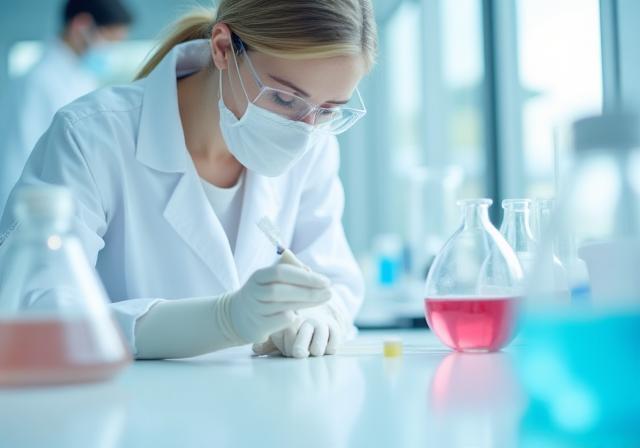 Un tecnico di laboratorio misura attentamente gli ingredienti in un moderno laboratorio di ricerca cosmetica.